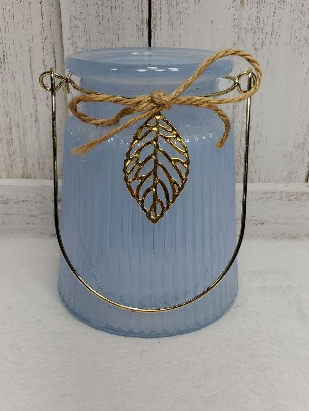 Light Blue Decorative Glass Vase Jar with Gold Leaf Accent & Gold Handle
